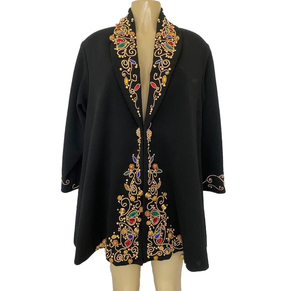 Diane Freis Knit Jacket Cardigan Sweater Blazer Black Embellish Long Sle…